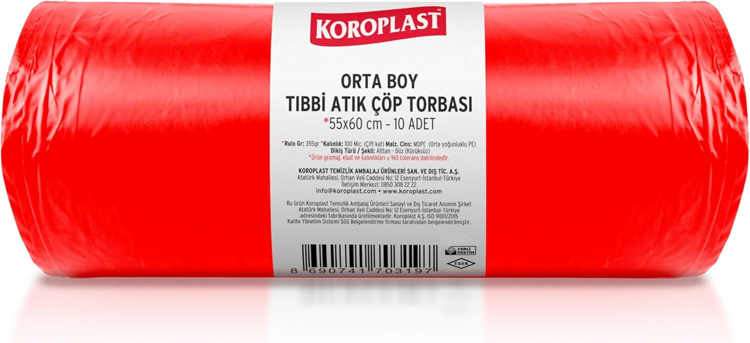 Büzgülü Tıbbi Atık Poşeti Orta Boy 55x60 cm, 10x10'lu Sızdırmaz Yırtılmaz Profesyonel Çöp Poşeti, Geri Dönüştürülebilir Kolay Bağlanır Tıbbi Atık Torbası, Hastane, Klinik Büzgülü Çöp Poşeti