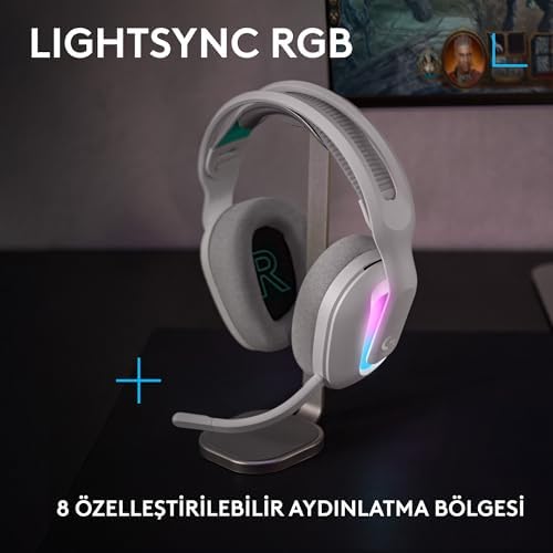 G G522 LIGHTSPEED Kablosuz Oyuncu Kulaklığı, LIGHTSYNC RGB Aydınlatmalı, Senkronize PRO-G Ses, Hafif ve Konforlu Tasarım, Beyaz