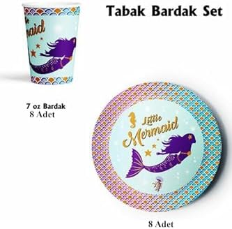 Deniz Kızı Temalı Doğum Günü Konsepti Tabak Bardak Set 8'li