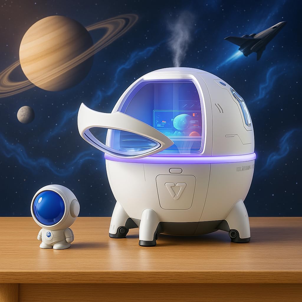 Astronot ve Uzay Gemisi Temalı Humidifier Buhar Makinesi Nemlendirici Aroma Terapi Difüzörü 220 Ml Kapasiteli 11x11 cm Ev Ofis Spa Oda Nemlendirici Uyku Kalitesini Artırır (MJ046)