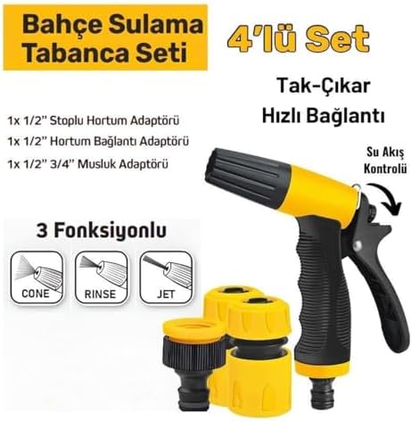 3 Fonksiyonlu Sulama Tabancası 4 Parça Set, Bahçe Sulama, Araç Yıkama, Dış Mekan Temizliği, Çok Amaçlı Yüksek Malzeme Kalitesi, Tak-Çıkar Hızlı Bağlantı Ayarlı Hortum Tabancası