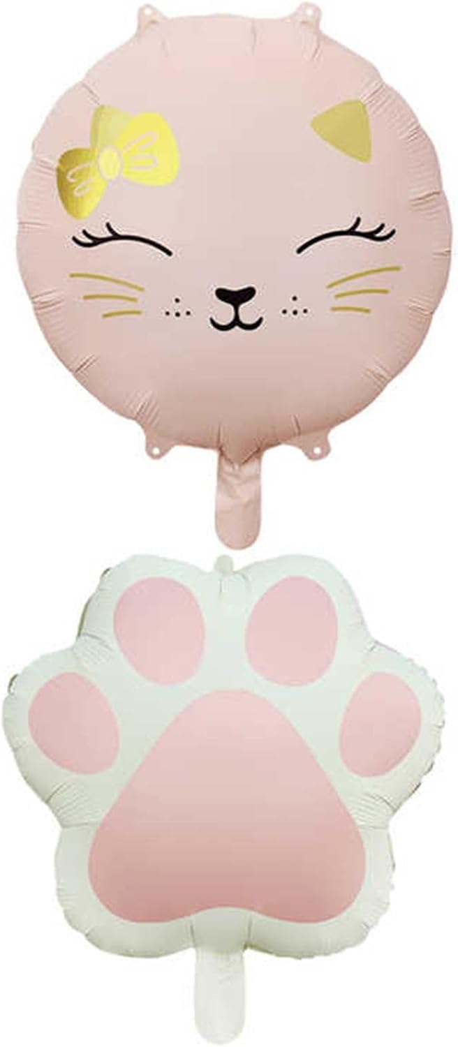 Retro Pembe Renkli Kedi ve Pati Folyo Balon Set