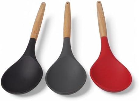 Bambu Saplı Silikon Servis Kaşığı, Bambu Uzun Silikon Servi Kaşığı 28cm 3 Renk Seçenekli, Yemeklerinizi Servis Etmek İçin Silikon Servis Kaşığı (KIRMIZI)