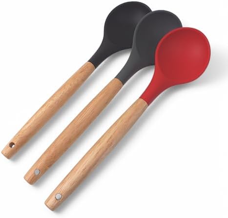 Alternative view of Bambu Saplı Silikon Servis Kaşığı, Bambu Uzun Silikon Servi Kaşığı 28cm 3 Renk Seçenekli, Yemeklerinizi Servis Etmek İçin Silikon Servis Kaşığı (KIRMIZI)