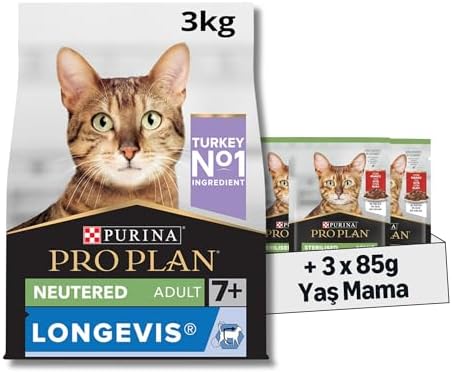 Pro Plan Senior Hindili Kuru Kısırlaştırılmış Kedi Maması 3 kg + Pro Plan Pouch Sterilised Biftekli Kısır Kedi Konservesi 85gr x 3 Adet