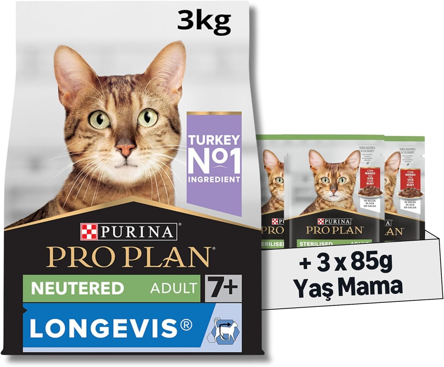 Alternative view of Pro Plan Senior Hindili Kuru Kısırlaştırılmış Kedi Maması 3 kg + Pro Plan Pouch Sterilised Biftekli Kısır Kedi Konservesi 85gr x 3 Adet