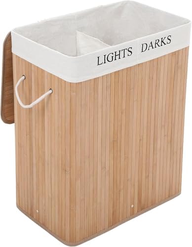 Doğal Bambu Katlanabilir Kirli Çamaşır Sepeti, Yıkanabilir Çıkarılabilir Astar Torbalı, Sele Görünümlü Şık ve Dayanıklı Çamaşır Sepeti, Kapaklı ve Ergonomik Tasarım (2 Bölmeli)