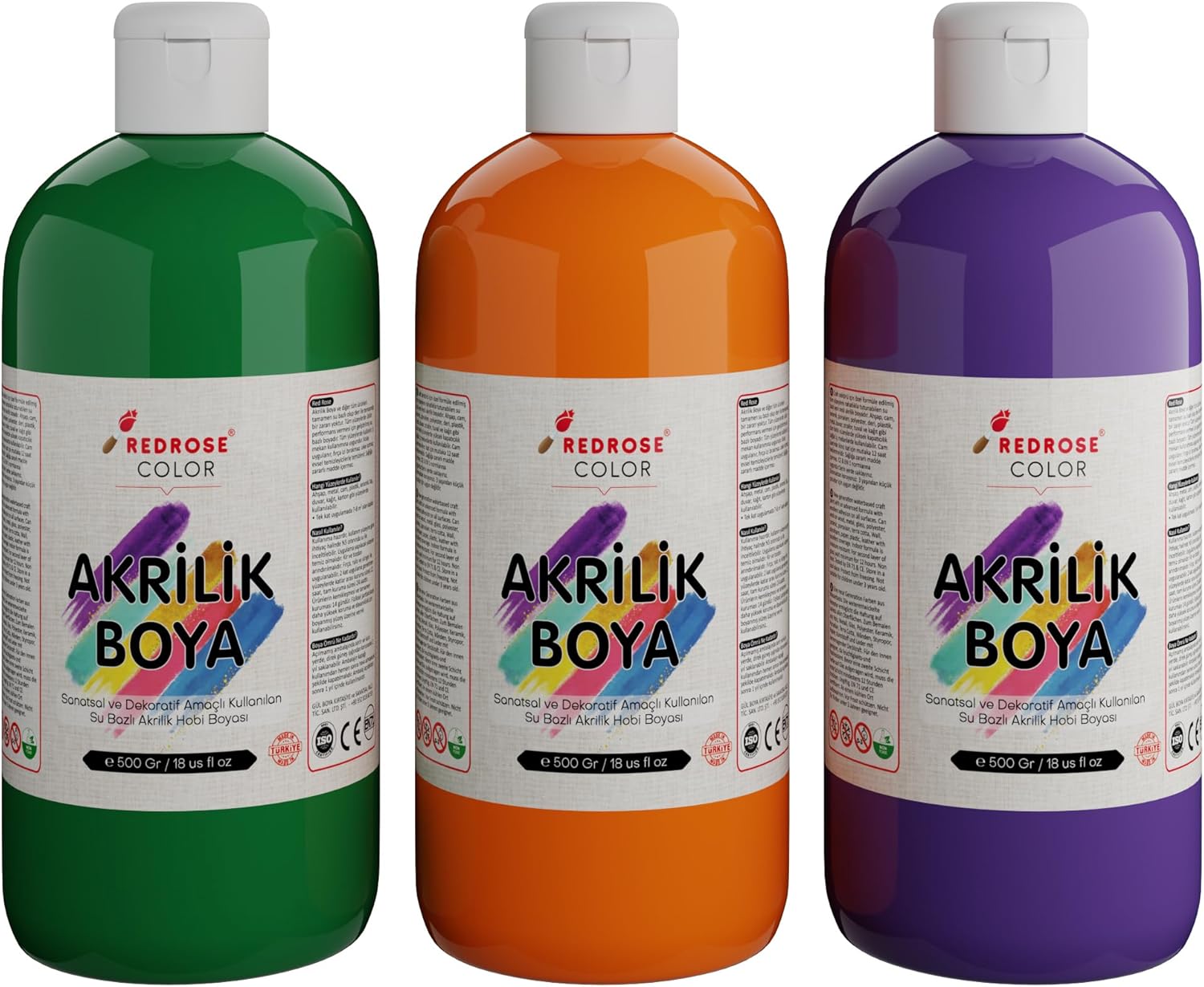 Yeşil, Mor, Turuncu Akrilik Boya 3'lü Set 3x500 gr