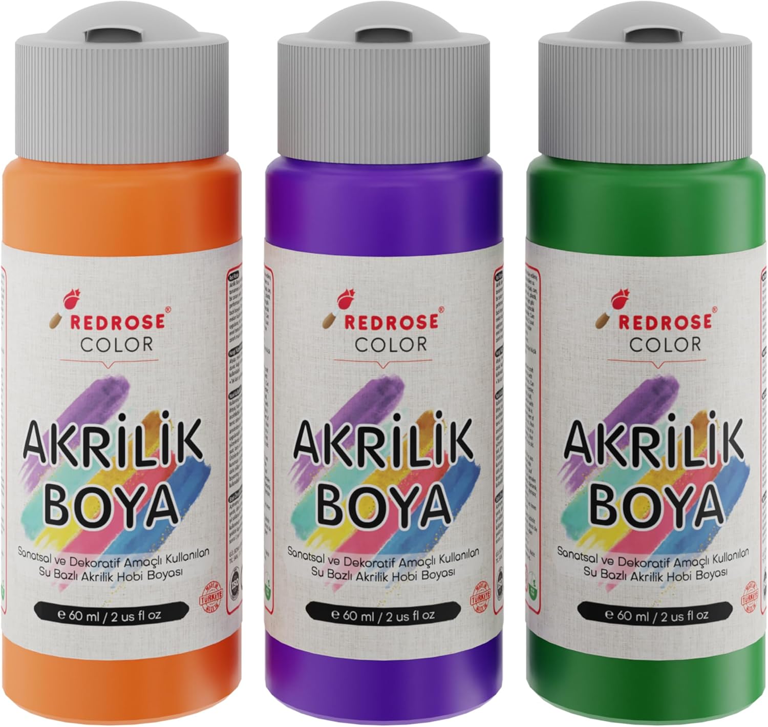 Yeşil, Mor, Turuncu Akrilik Boya 3'lü Set 3x60 ml