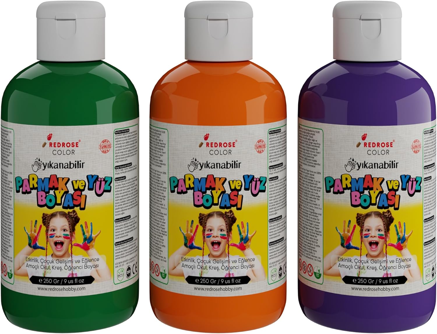 Yeşil-Mor-Turuncu Parmak Boyası 3'lü Set 3x250gr