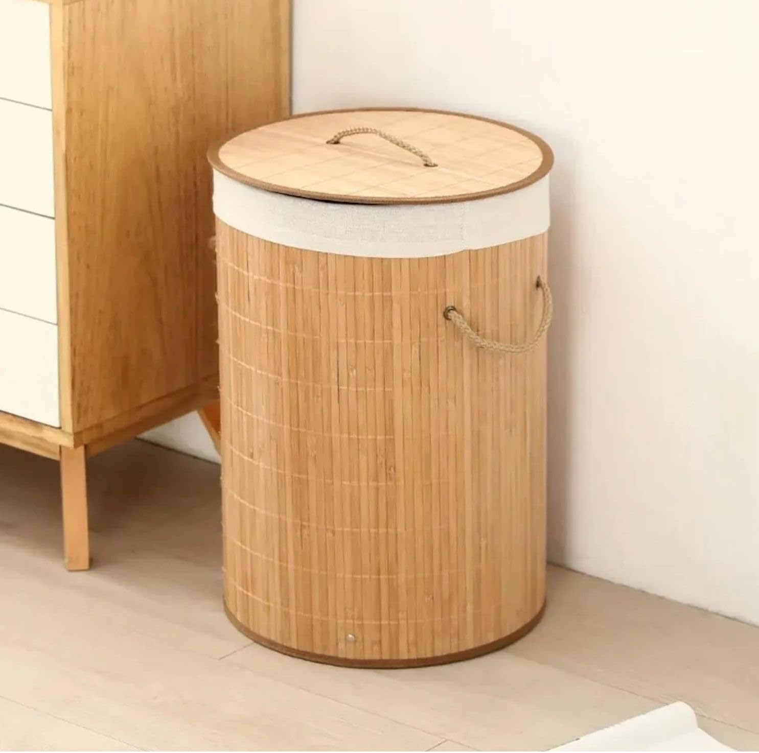 Yuvarlak Bambu Çamaşır Sepeti, 60 L
