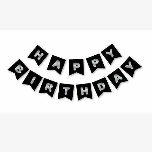 Siyah Zemin Gümüş Happy Birthday Banner