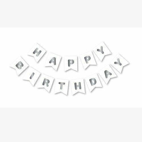 Beyaz Zemin Gümüş Happy Birthday Banner