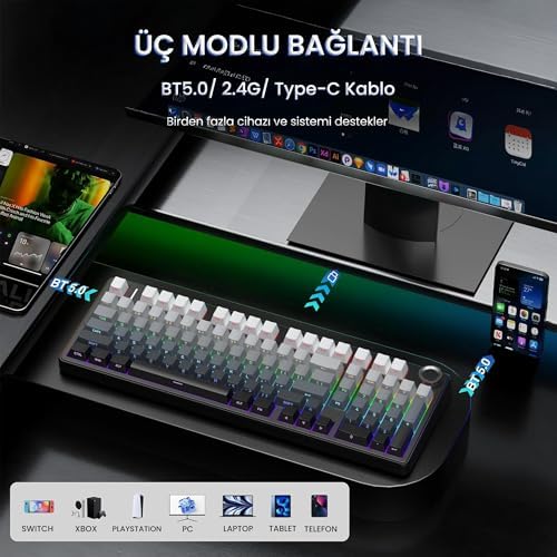 Aula F99 Pro 3 Modlu RGB Hot Swap Mekanik Nimbus V3 Switch Kablosuz Makrolu Klavye Gradyan Gri