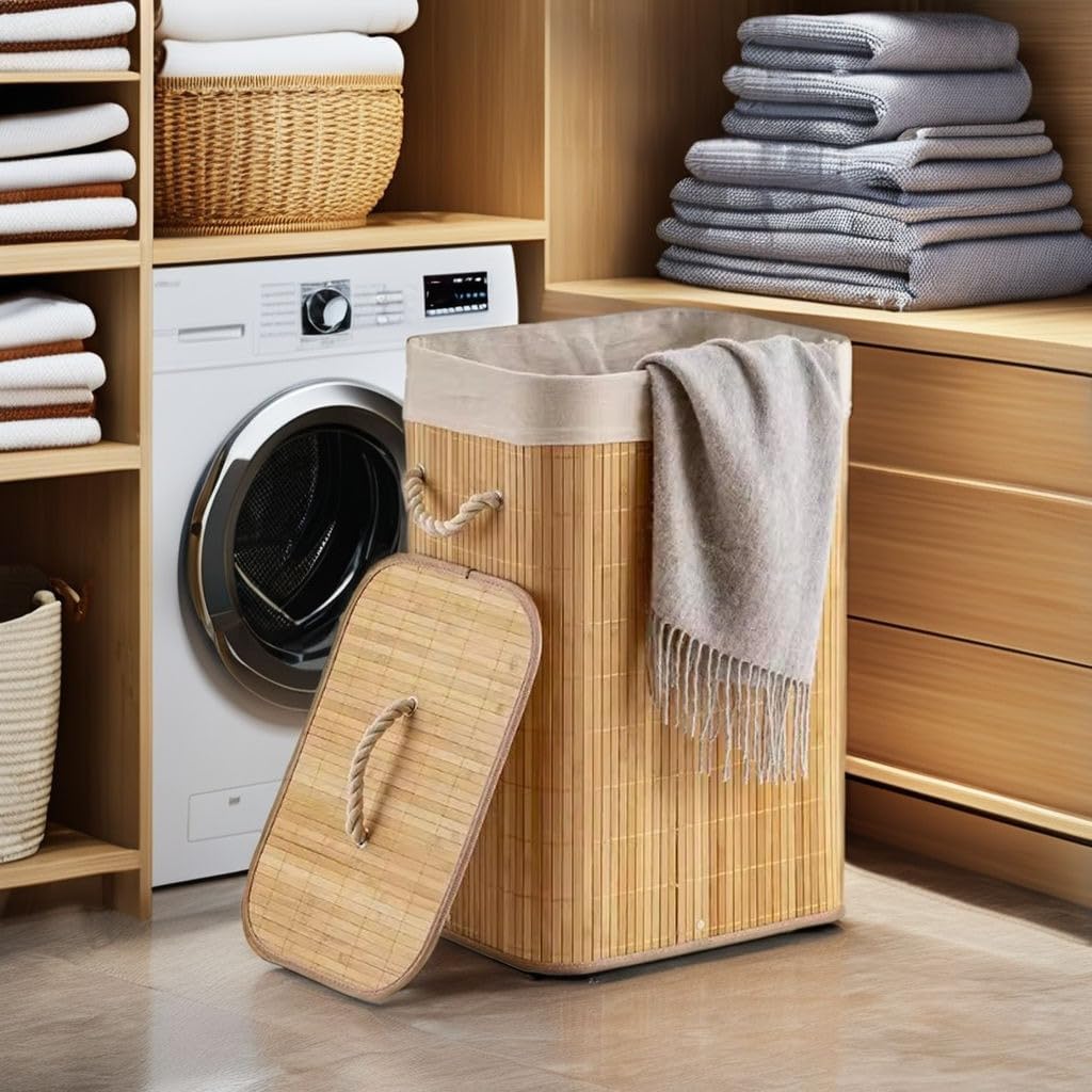 Alternative view of El Yapımı Hasır Katlanır Çamaşır Sepeti Dikdörtgen 72 Litre (40cm*30cm*61cm), Doğal Malzemeden Üretilmiş Çamaşırlık, Bambu Kirli Çamaşır Sepeti