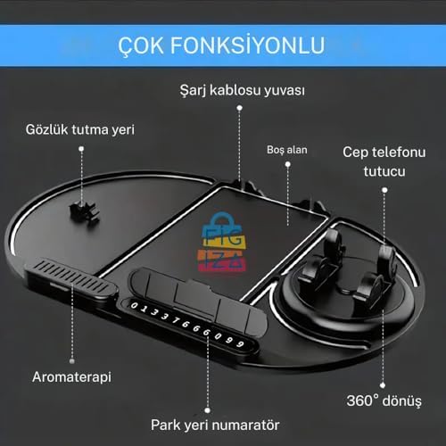 Araç İçi Kaydırmaz Telefon Tutucu ve Torpido Düzenleyici – Numara Göstergeli, 360° Dönebilen, Çok Fonksiyonlu Kaymaz Silikon Mat – 25x18 cm, Siyah