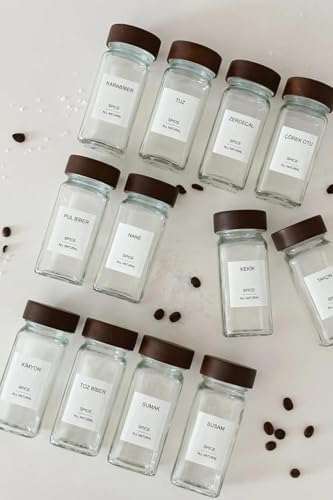 12'li Bambu ve Akasya Kapaklı Cam Baharatlık Seti 120 ml - Doğal Ahşap Kapaklı, Şeffaf Cam, Sağlıklı ve Şık Baharat Kavanozları (Akasya Kapak)