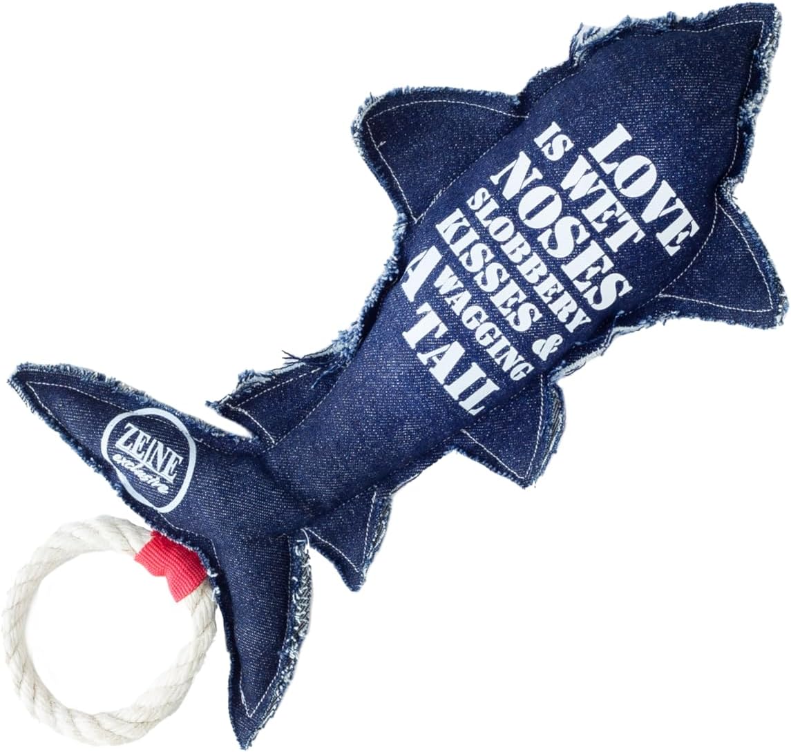 Denim Köpek Oyuncağı – Köpekbalığı Şekilli, Elyaf Dolgulu, Pamuk Halatlı Dayanıklı Oyuncak