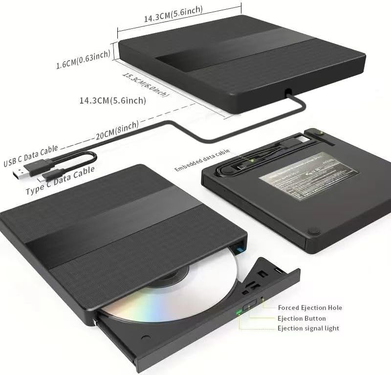 Harici USB 3.0 ve Type-C DVD-ROM DVD-RW Optik Sürücü, USB ve Type C Kablolu, PC, Tablet, DVD Player, Çizgili Metal Tasarım Ultra Slim CD ROM Okuyucu X350