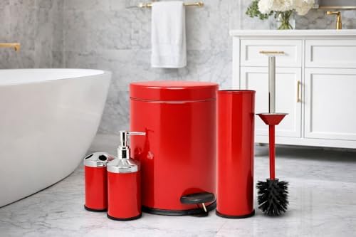 Alternative view of Eko Serisi Ayak Basmalı Özellikli 4' Lü Banyo Seti Çöp Kovası+Kolozet Fırçası+Sıvı Sabunluk+Fırçalık Paslanmaz Kırmızı