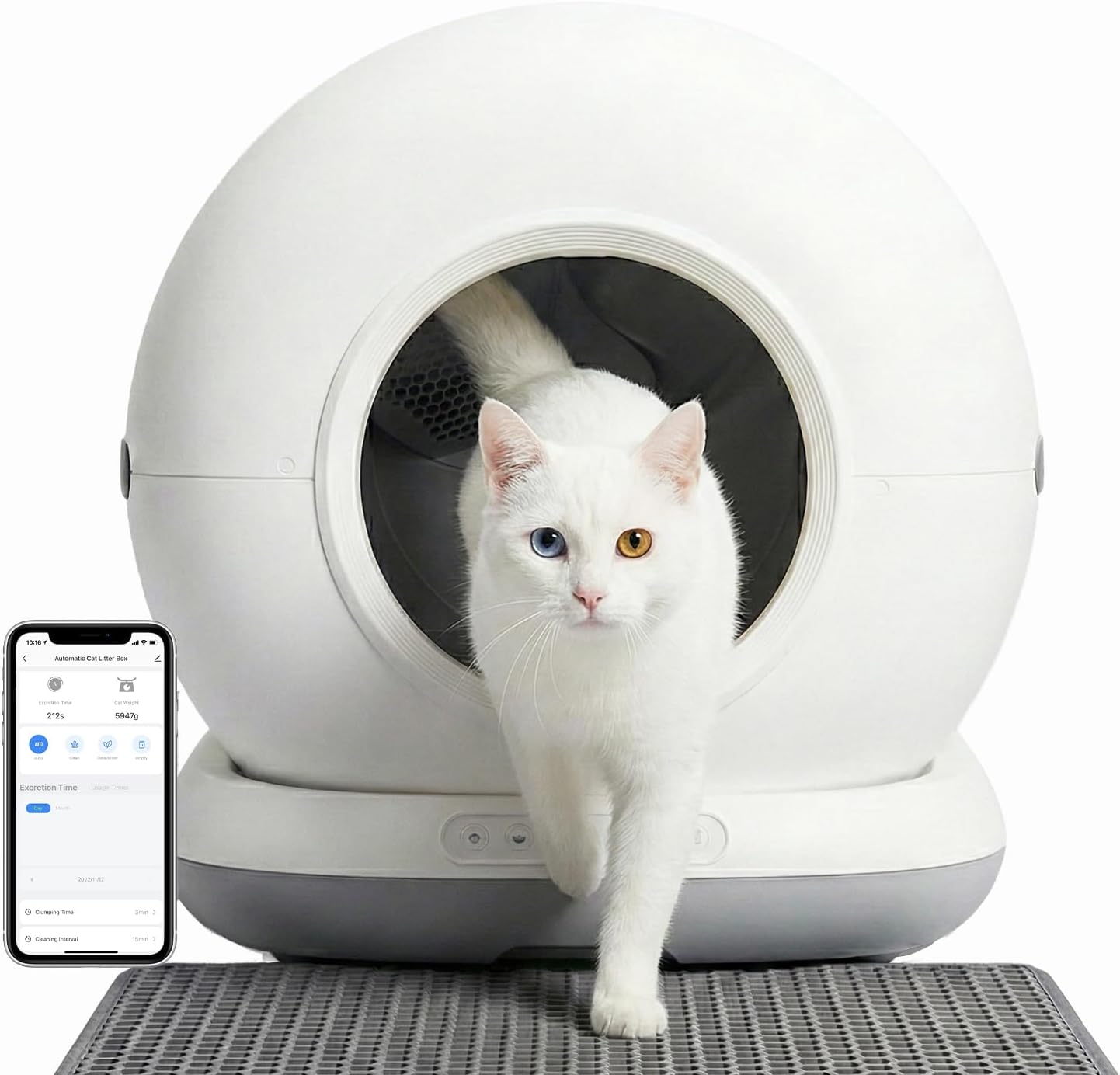 Haustier CB001 Akıllı Otomatik Kedi Tuvaleti, APP ile Uzaktan Kontrol, 75lt Hazne, 7lt Çöp haznesi, Ağırlık sensörlü, 45 Adet Çöp Torbası + Elekli Kum Paspası Hediyeli (Gri)