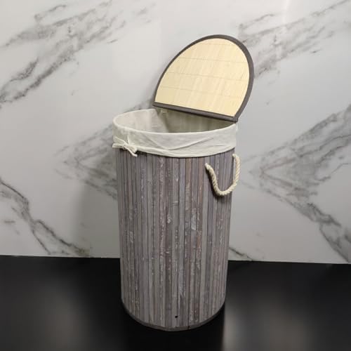 El Yapımı Hasır Katlanır Çamaşır Sepeti Yuvarlak 55 Litre (35cm*35cm*61cm), Doğal Malzemeden Üretilmiş Çamaşırlık (GRİ)