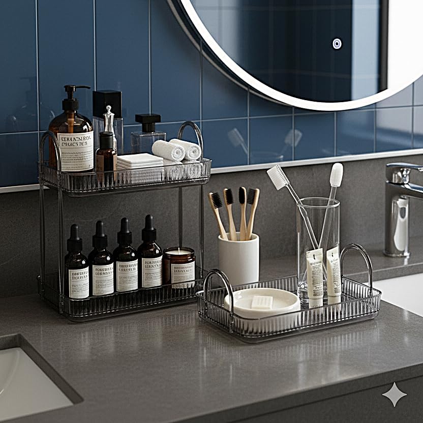 Banyo Düzenleyici Organizer Banyo Rafı (Duman Gri, Tek + İki Katlı Set)