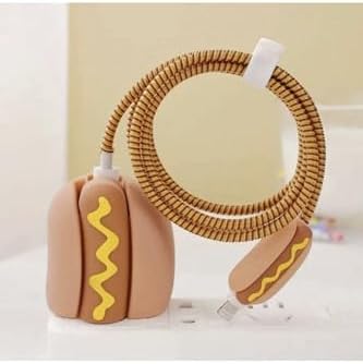 Telefoncuyuzco 18W/20W Şarj Başlığı İle Uyumlu 3D Animasyon Şarj Başlığı ve Kablo Koruyucu Set, Hot Dog