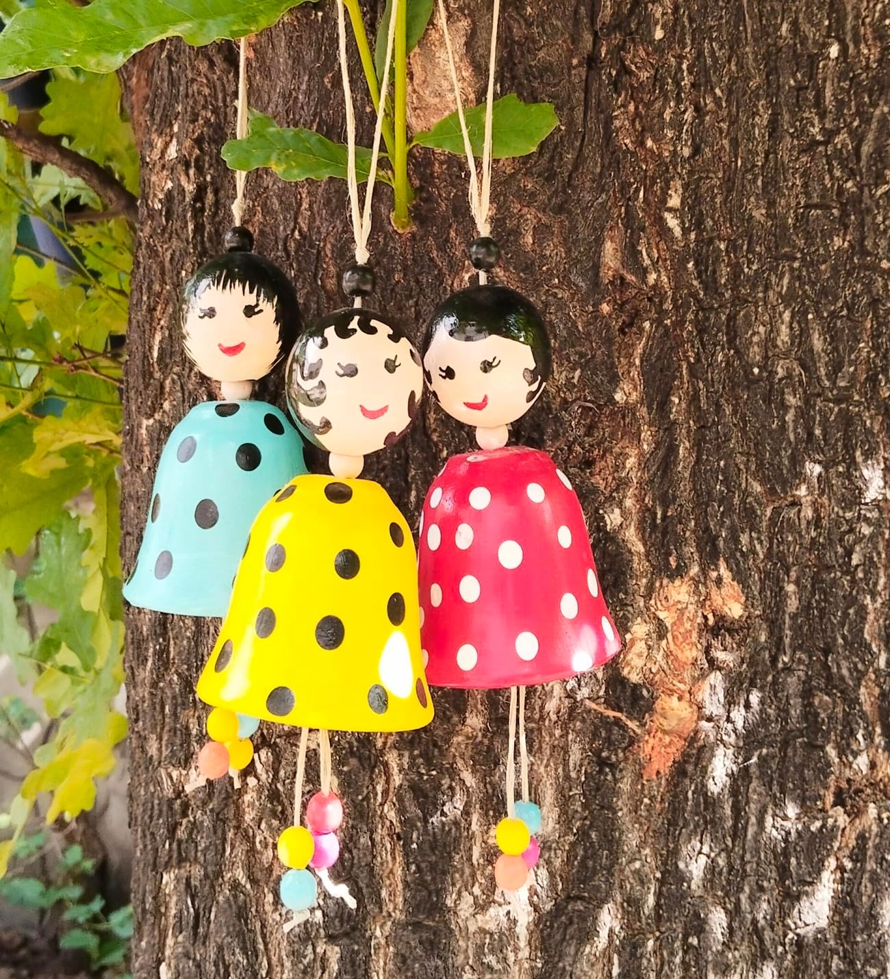 Dekoratif Asılabilir Doll Süs, 3'lü Set, Puantiyeli Desenli, Renkli Boncuklu, Bahçe ve Ev Dekorasyonu Çan süs