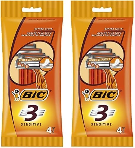 BIC 3 Sensitive Erkek Tıraş Bıçağı 4'lü Poşet (1 x 4 Adet), 3 Bıçaklı, Aloe ile Zenginleştirilmiş Kayganlaştırıcı Jel Şerit 2li paket