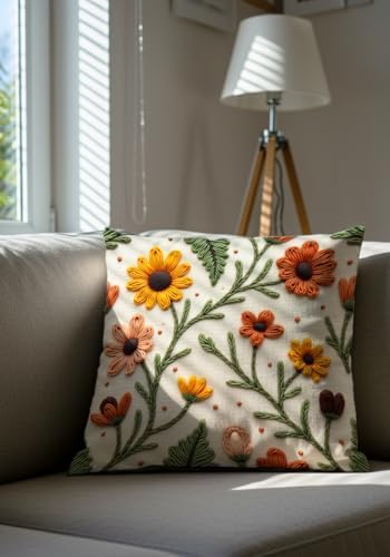 Alternative view of Nakış Desen Dijital Baskılı Çiçek Desenli Kadife Kırlent Kılıfı, 2li Set 43x43 cm, Gizli Fermuarlı, Sonbahar Renkleri