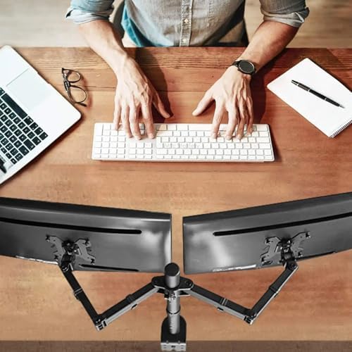 Çift Monitör Kolu 13–32 inç uyumlu VESA 75×75 100×100 tam hareketli ergonomik çift monitör standı masa üstü kelepçe ve masa deliği montajı kablo düzeni metal gövde Siyah