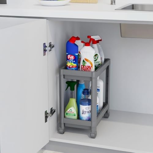2 Katlı Tekerlekli Tezgah Altı Düzenleyici, Mutfak, Banyo, Ardiye ve Depo için Yer Tasarruflu Depolama Rafı | Kompakt ve Pratik Tasarım (40x36x23cm) (GRİ)