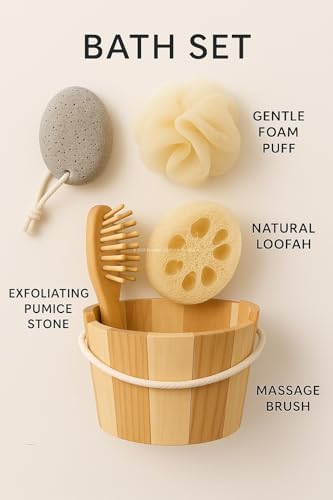 Rustik Ahşap Kovada Banyo Seti, Yumuşak Köpüren Lif, Doğal Kabak Lifi, Ponza Taşı ve Ahşap Masaj Tarağı, Cilt Bakımı ve Duş Keyfi İçin Spa Bakım Seti