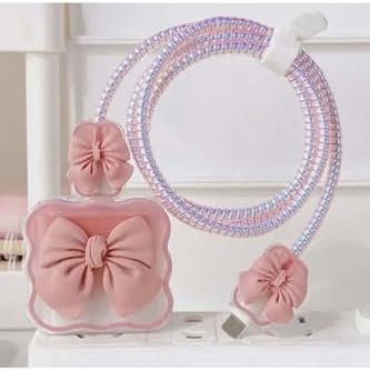 18W/20W Şarj Başlığı İle Uyumlu Kurdele Şarj Başlığı ve Kablo Koruyucu Set, Pembe
