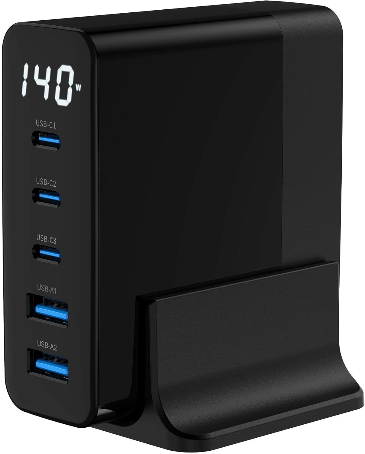 140W GaN Hızlı Şarj İstasyonu, 3 USB-C ve 2 USB-A Port, PD/QC/PPS Destekli, LED Ekranlı, 5A Hızlı Şarj, Akım Korumalı, Aşırı Şarj Korumalı, Aynı Anda 5 Cihaz Şarj, Siyah