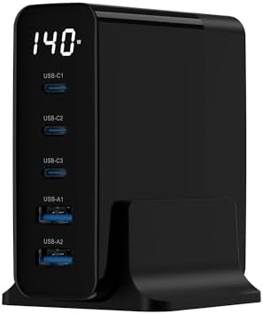 Alternative view of 140W GaN Hızlı Şarj İstasyonu, 3 USB-C ve 2 USB-A Port, PD/QC/PPS Destekli, LED Ekranlı, 5A Hızlı Şarj, Akım Korumalı, Aşırı Şarj Korumalı, Aynı Anda 5 Cihaz Şarj, Siyah
