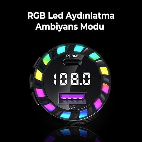 RGB Işıklı 5.3 Bluetoothlu 30W USB Type C Hızlı Şarjlı Araç Kiti - MP3 Çalar, Eller Serbest Modlu