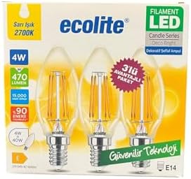 Alternative view of 4W LED Filament Mum Ampul, E14 Duy, 2700K Sarı Işık, 470 Lümen, Şeffaf Cam, Akkor Görünümlü Dekoratif Lamba, 3'lü Paket