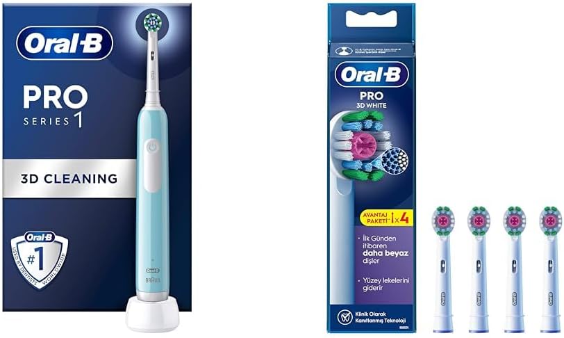 Oral-B Pro Series 1 Mavi Elektrikli Diş Fırçası, 1 Diş Fırçası Başlığı, Tasarımı + Oral-B 3D X-Filament Şarjlı Diş Fırçası Yedek Başlığı 4 Adet