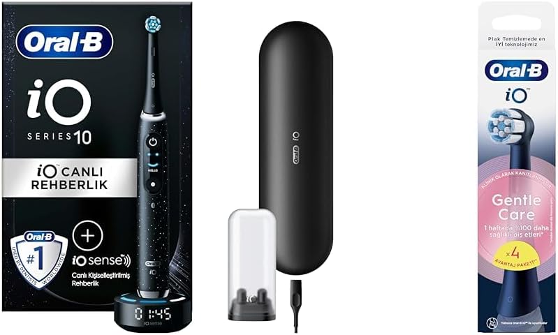 Oral-B iO Sense ile iO - 10 Siyah Elektrikli/Şarjlı Diş Fırçası + Oral-B iO Gentle Care Siyah Diş Fırçası Yedek Başlığı 4 Adet
