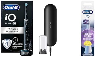 Oral-B iO Sense ile iO - 10 Siyah Elektrikli/Şarjlı Diş Fırçası + Oral-B iO Radiant Beyaz Diş Fırçası Yedek Başlığı 4 Adet