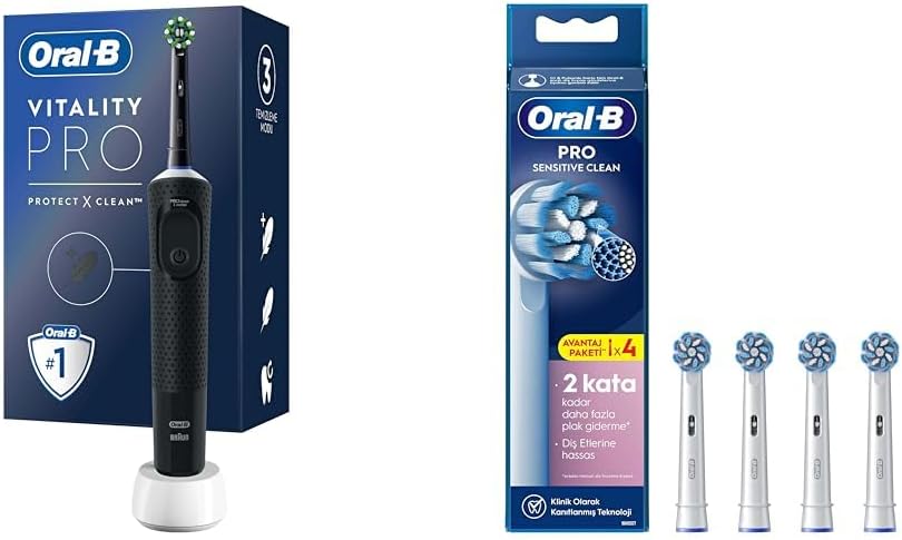 Oral-B Şarjlı/Elektrikli Diş Fırçası Vitality Pro Siyah Koruma ve Temizlik + Oral-B Sensitive X-Filament Şarjlı Diş Fırçası Yedek Başlığı 4 Adet