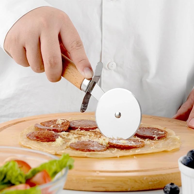 Alternative view of Paslanmaz Çelik Ahşap Saplı Pizza Dilimleyici, Yuvarlak Pizza Kesici Bıçak, Hamur ve Kesici, Ergonomik Tasarım