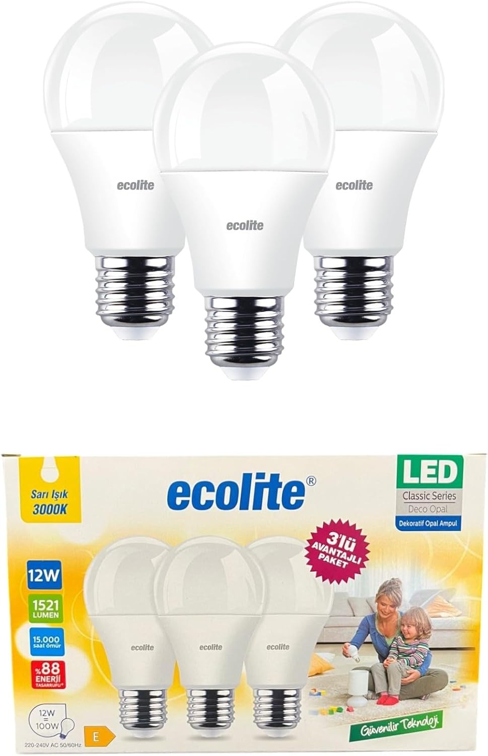 Alternative view of 12W LED Ampul 3'lü Paket – 1521 Lümen, 100W Eşdeğer, E27 Duy, 3000K Sarı Işık, Opal Cam,%88 Enerji Tasarrufu, 15000 Saat Ömür