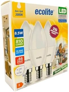 Alternative view of 8.5W LED Mum Ampul – E14 Duy, 810 Lümen, 3000K Sarı Işık, 60W Eşdeğer, 3’lü Paket, Opal Dekoratif Ampul, Dimmer Uyumlu Değil,%86 Enerji Tasarrufu, 99x37 mm (Sarı)