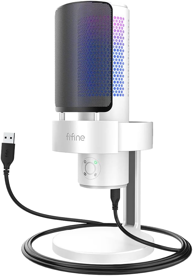 Fifine A9W USB RGB LED Işıklı Masaüstü Mikrofon, Beyaz