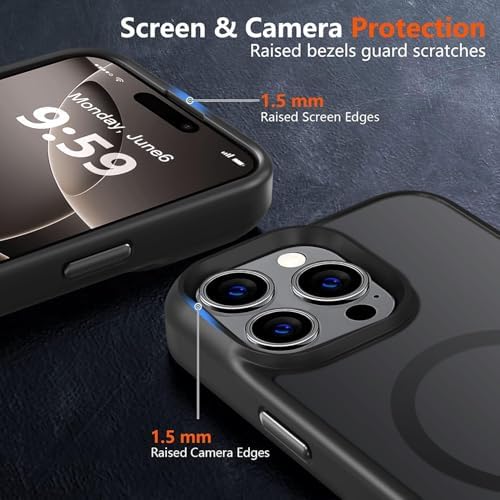 Güçlü Manyetik 16e / 17e Telefon Kılıfı, [Mag-Safe ile Uyumlu] [Askeri Düzey Düşme Koruması] [Güçlü Silikon Kenarlar] İnce Yarı Saydam Mat Koruyucu Kılıf, Siyah