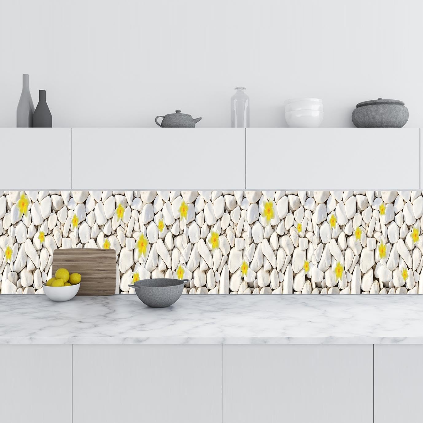 Mutfak Tezgah Arası Folyo Kaplama Folyosu Beyaz Taşlar Sarı Çiçek 60x100 CM