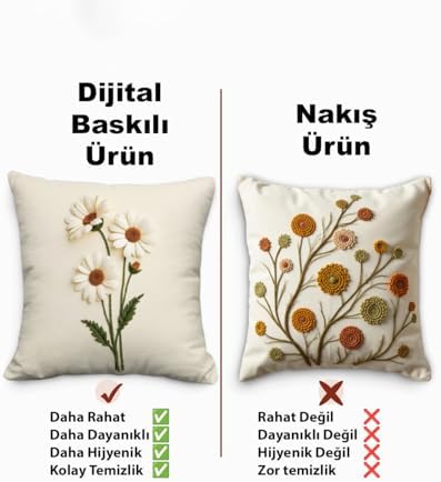 Nakış Desen Dijital Baskılı Dekoratif Papatya Desenli Kadife Kırlent Kılıfı, 2'li Set, Krem Zemin, Dijital Baskılı